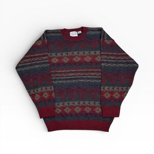 Vintage 90s Tip Top Tailors Red Aztec Geometric Acrylic Sweater Size Medium